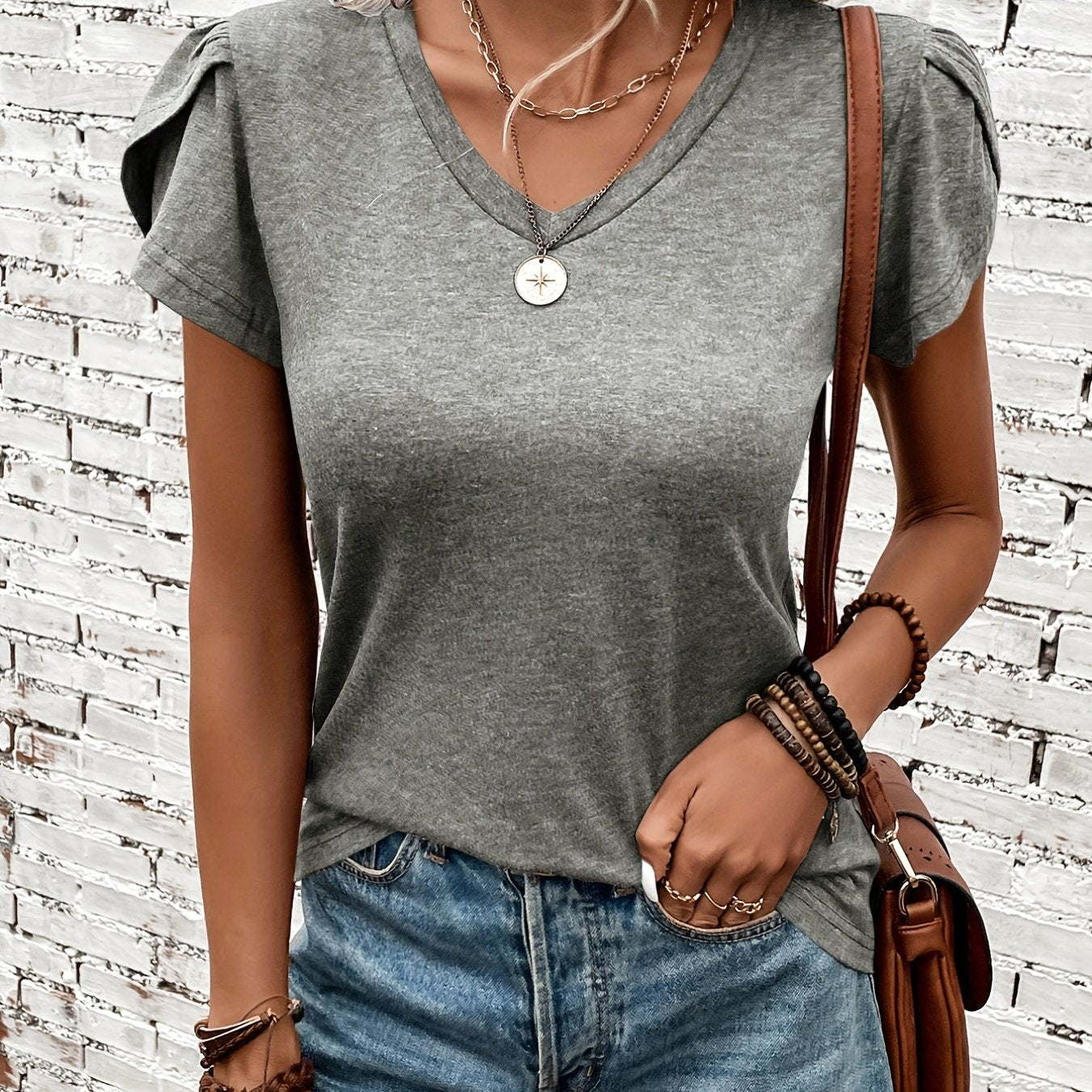 Petal Sleeve Solid T-shirt, Casual Crew Neck Simple Summer T-shirt, Women's Clothing