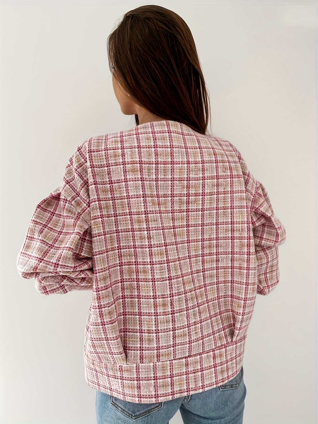 Sixsr Plaid Print Simple Jacket, Casual Button Front Long Sleeve Outerwear, Women's Clothing