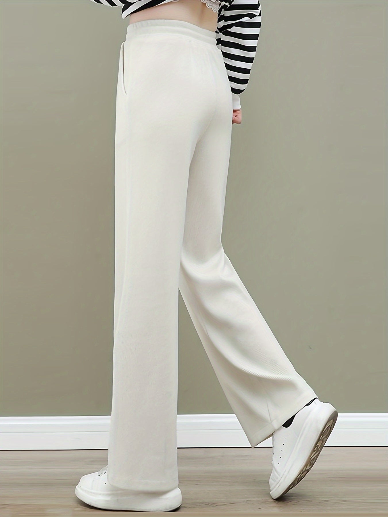 Sixsr Solid Straight Leg Pants, Casual Drawstring Waist Pocket Pants For Fall & Winter, Women's Clothing