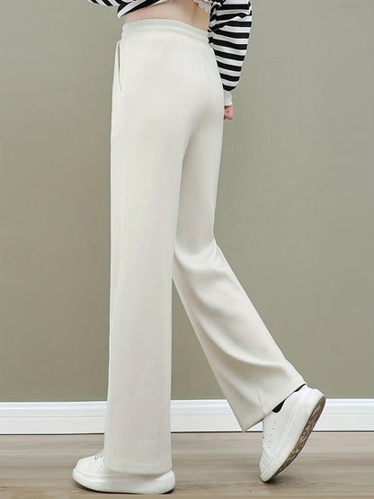 Sixsr Solid Straight Leg Pants, Casual Drawstring Waist Pocket Pants For Fall & Winter, Women's Clothing