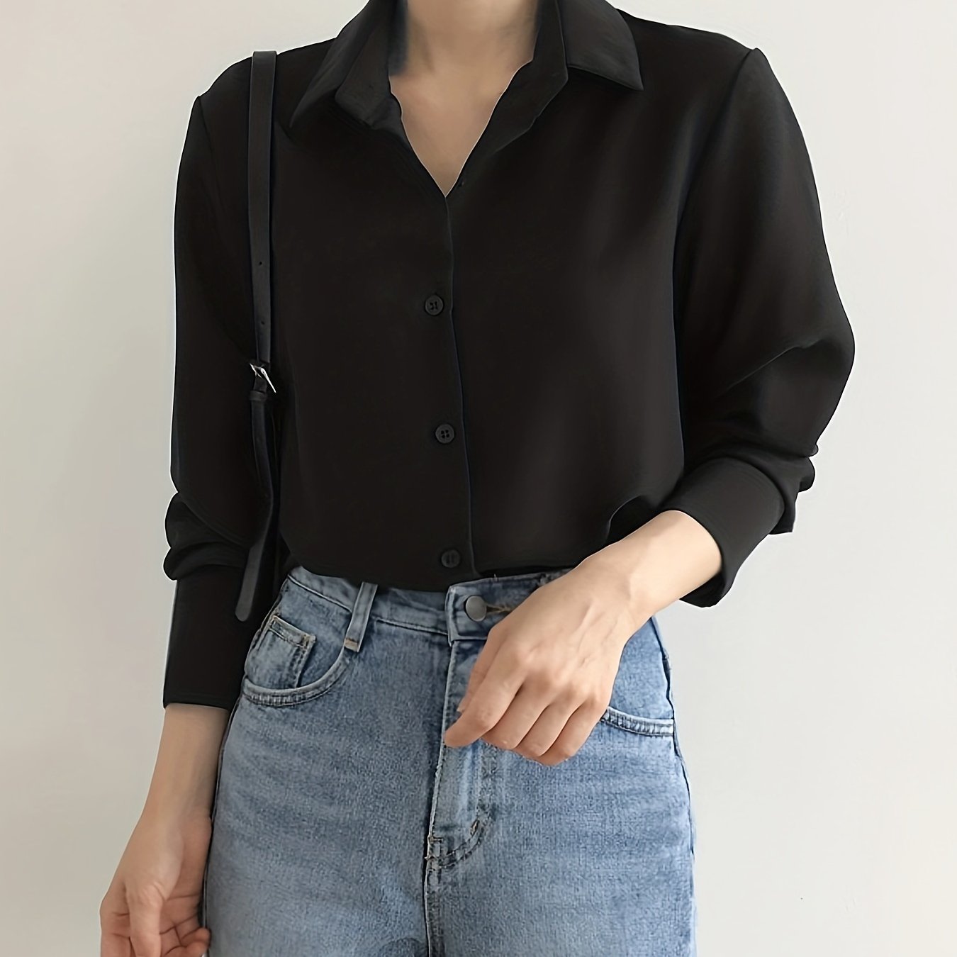 Sixsr Solid Button Front Simple Shirt, Versatile Long Sleeve Shirt For Spring & Fall, Women's Clothing