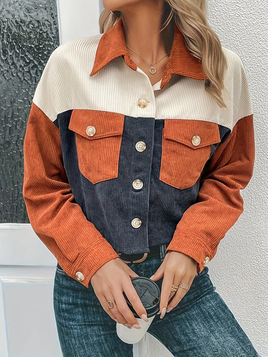 Sixsr Corduroy Color Block Button Front Jacket, Casual Long Sleeve Drop Shoulder Lapel Outwear For Spring & Fall, Women's Clothing