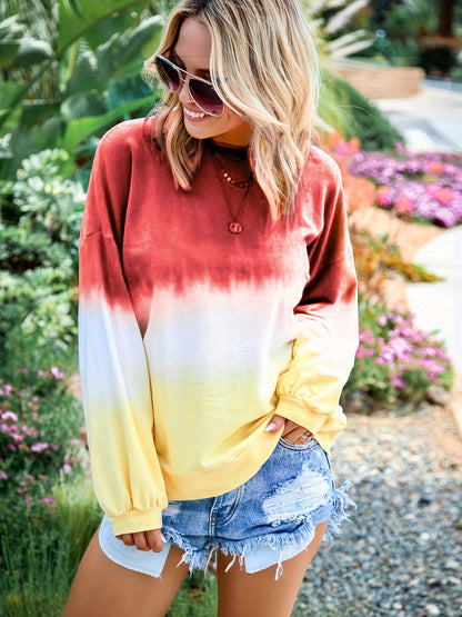 Gradient Tie Dye T-Shirt, Long Sleeve Crew Neck Casual Top For Spring & Fall, Women's Clothing