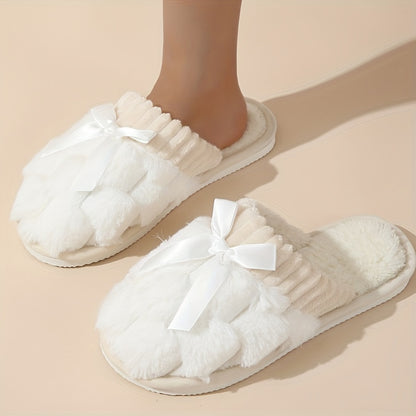 Cozy Warm Slippers - Soft, Slip-Resistant, Fluffy, Flat, Bowknot Decorated, Plush, Winter Shoes for Cold Weather - Indoor, Outdoor, Non-Slip, Comfortable, Easy Slip-On Design