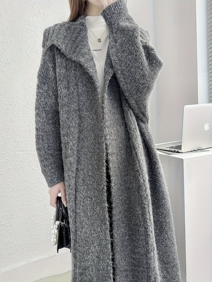 Sixsr Solid Open Front Knit Cardigan, Casual Collared Long Length Thick Sweater Outerwear For Fall & Winter, Women's Clothing