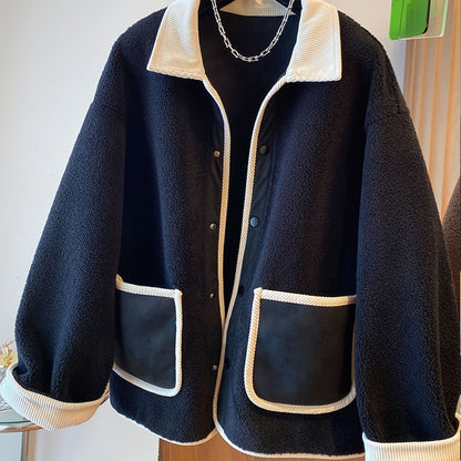 Sixsr Contrast Trim Patched Pockets Outwear, Versatile Long Sleeve Button Front Coat For Fall & Winter, Women's Clothing