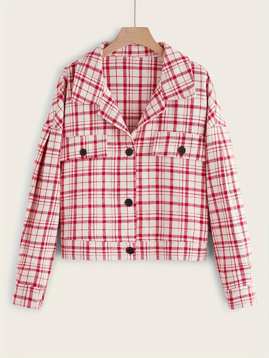 Sixsr Plus Size Elegant Coat, Women's Plus Gingham Print Long Sleeve Button Up Turn Down Collar Coat