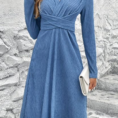 Criss Cross Solid Dress, Elegant Simple V Neck Long Sleeve Dress, Women's Clothing