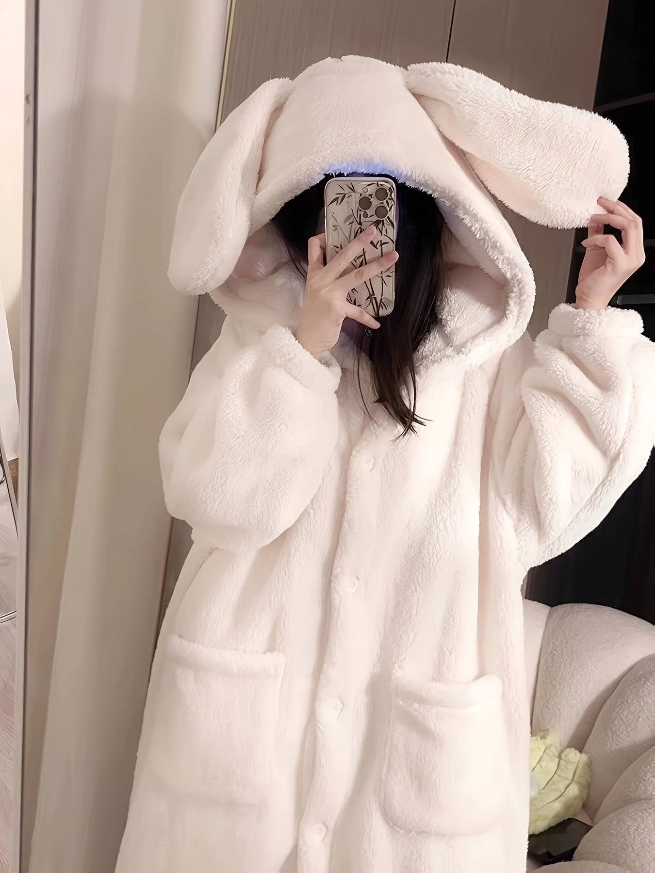 Sixsr Cute Rabbit Hooded Fleece Night Robe, Thickened Long Sleeve Button Up Robe With Pockets, Women's Sleepwear & Dresses