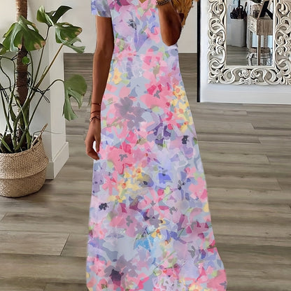 Plus Size Casual Dress, Women's Plus Floral Print Short Sleeve V Neck Medium Stretch Maxi Dress