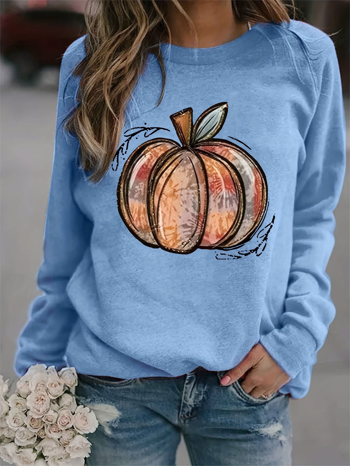 Sixsr Halloween Pumpkin Print Sweatshirt, Casual Long Sleeve Crew Neck Sweatshirt, Women's Clothing