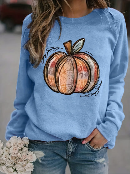 Sixsr Halloween Pumpkin Print Sweatshirt, Casual Long Sleeve Crew Neck Sweatshirt, Women's Clothing