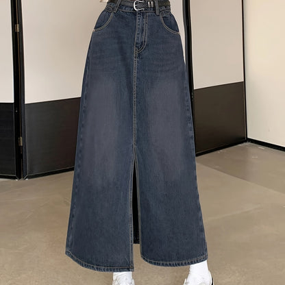 Sixsr High Waist Split Denim Maxi Skirt, Slant Pockets A-Line Washed Denim Skirt, Women's Denim Clothing