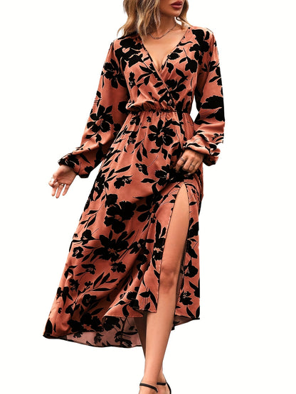 Floral Print Split Dress, Elegant V Neck Long Sleeve Dress, Women's Clothing