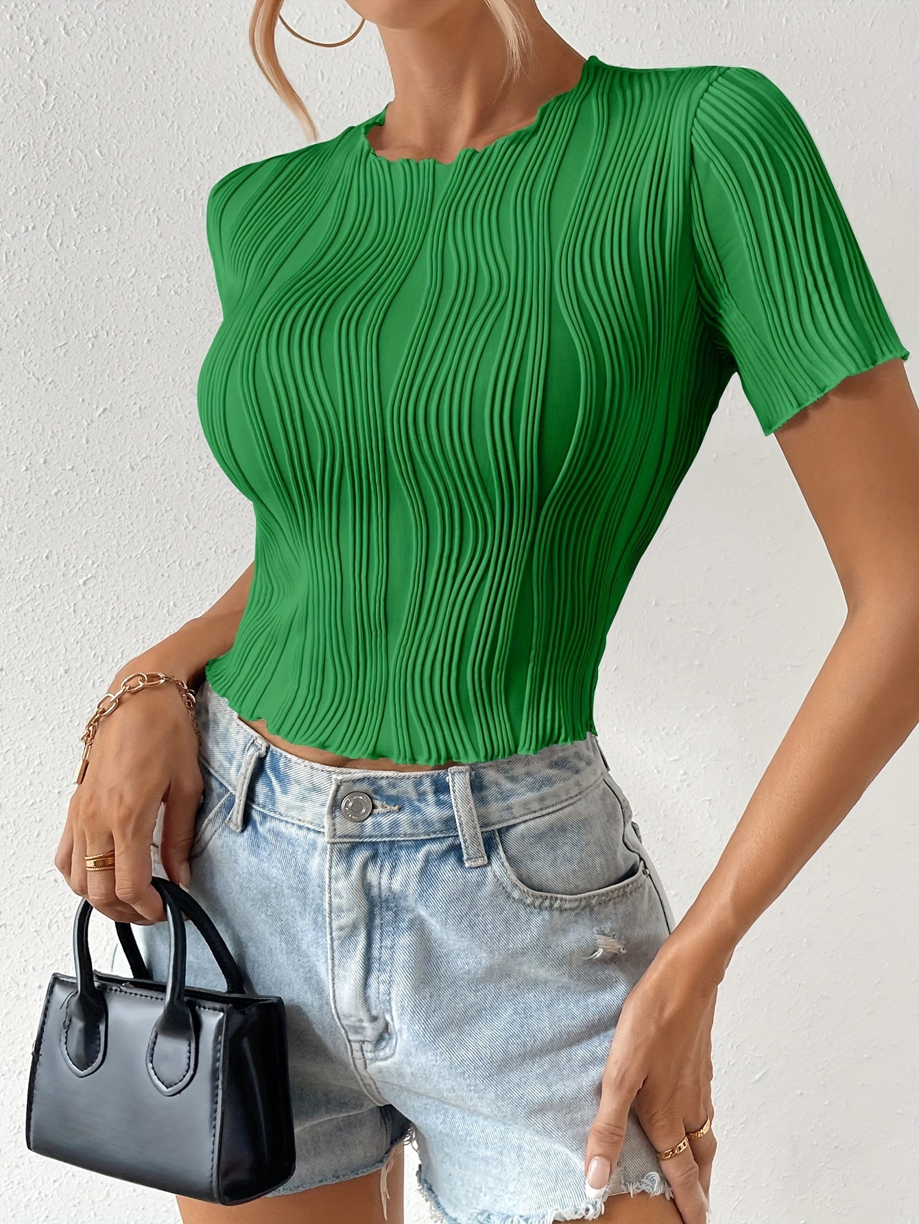 Sixsr Textured Crew Neck T-Shirt, Elegant Short Sleeve Top For Spring & Summer, Women's Clothing