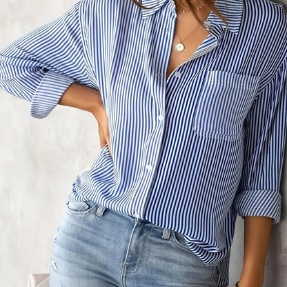 Sixsr Striped Print Button Front Shirt, Casual Long Sleeve Shirt With Pocket, Women's Clothing