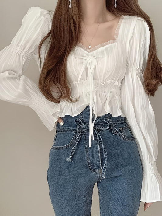 Sixsr Ruffle Trim Queen Anne Neck Blouse, Chic Puff Sleeve Cinched Waist Crop Blouse For Spring & Fall, Women's Clothing