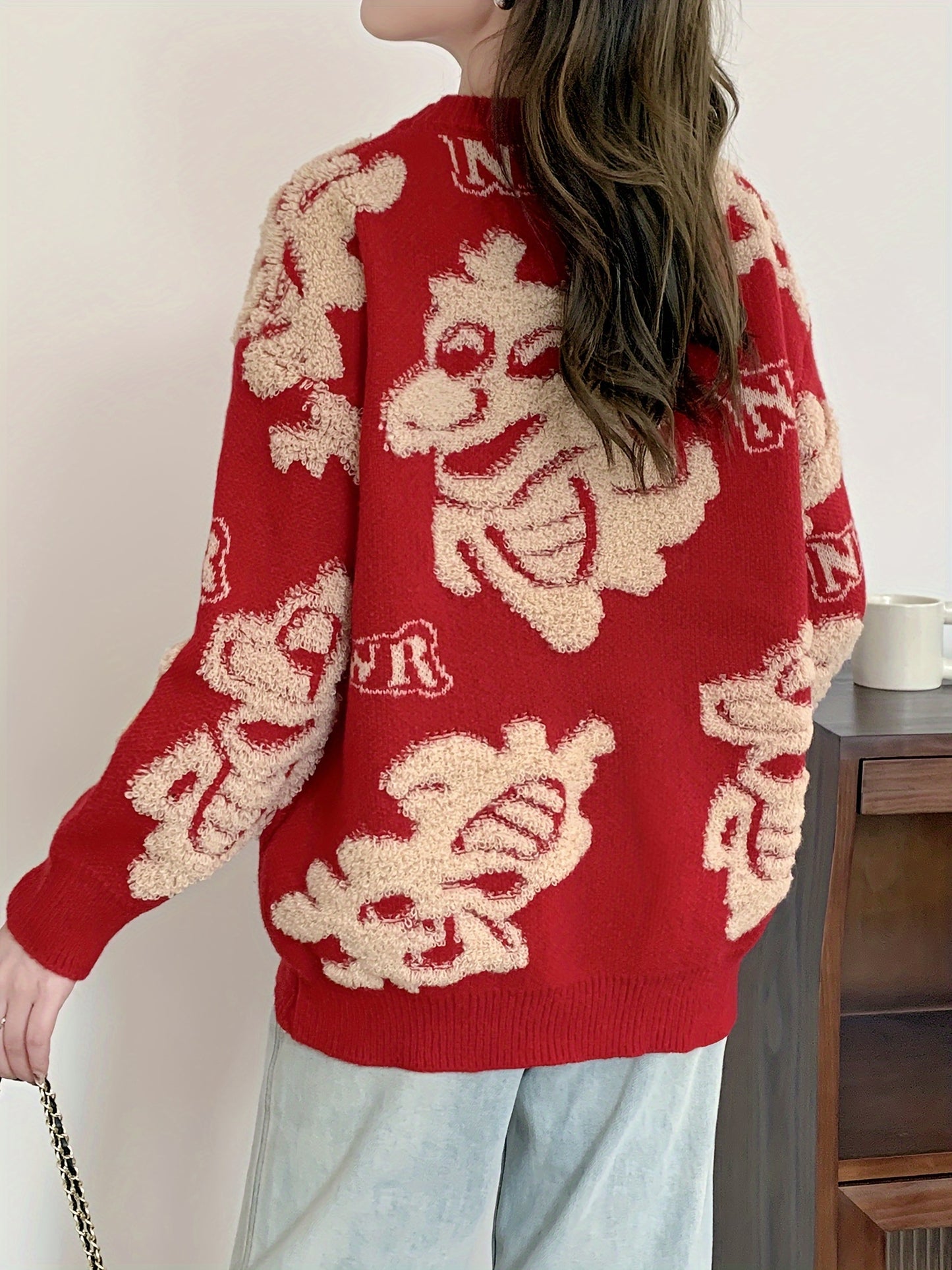 Sixsr Dragon Pattern Crew Neck Pullover Sweater, Casual Long Sleeve Loose Fall Winter Sweater, Women's Clothing