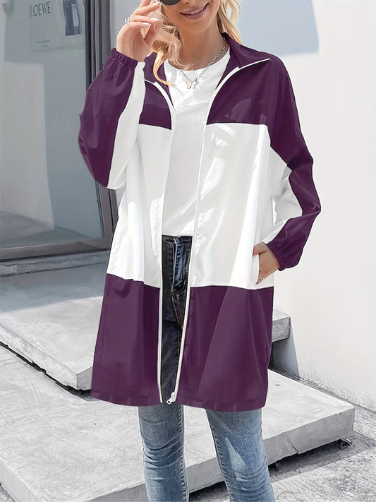 Sixsr Plus Size Casual Coat, Women's Plus Colorblock Long Sleeve Hooded Zipper Longline Windbreaker Coat With Pockets