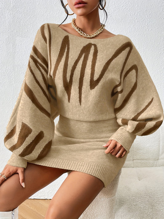 Sixsr Abstract Print Sweater Dress, Elegant Boat Neck Long Lantern Sleeve Dress, Women's Clothing