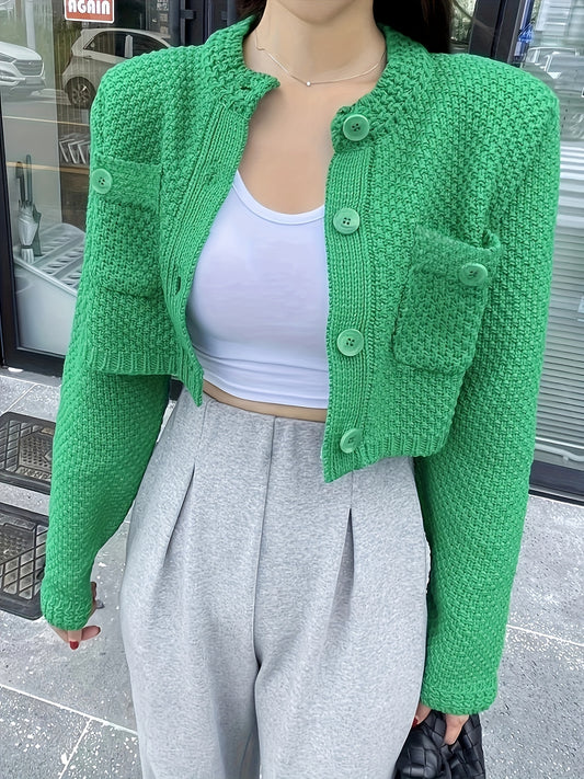 Sixsr Solid Button Up Knit Cardigan, Casual Long Sleeve Pocket Crop Sweater, Women's Clothing