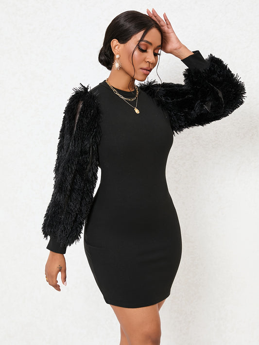 Sixsr Fluffy Solid Bodycon Dress, Elegant Crew Neck Long Sleeve Dress, Women's Clothing