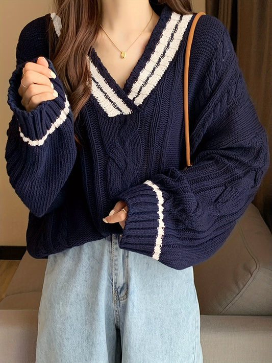 Sixsr Cable Knit V Neck Pullover Sweater, Casual Long Sleeve Oversized Sweater, Women's Clothing