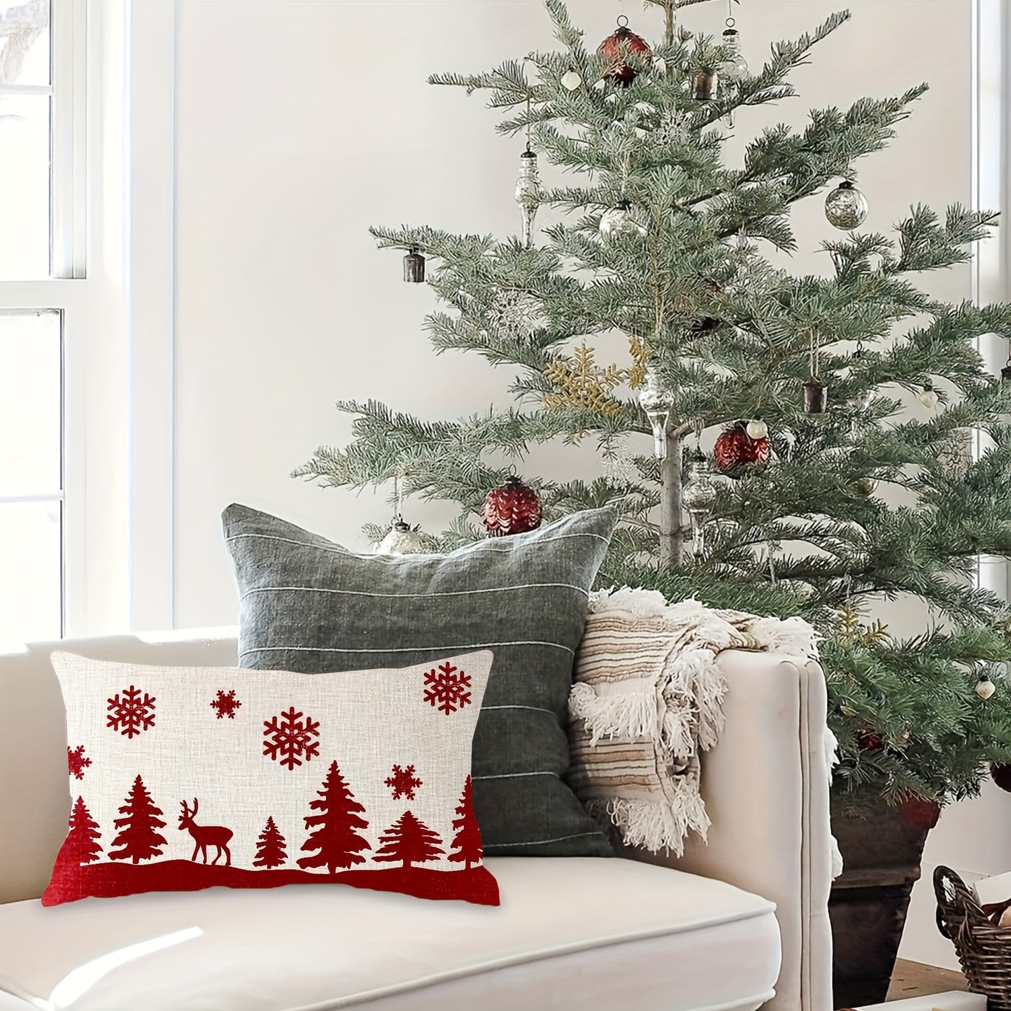 2PCS Festive Christmas Throw Pillow Covers - Red Snowflakes, Moose & Reindeer Design, Winter Christmas Farmhouse Home Decor, 18X18 inches, No Inserts Included