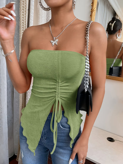 Sixsr  Lettuce Trim Drawstring Ruched Tube Top, Versatile Strapless Solid Tube Top For Summer, Women's Clothing