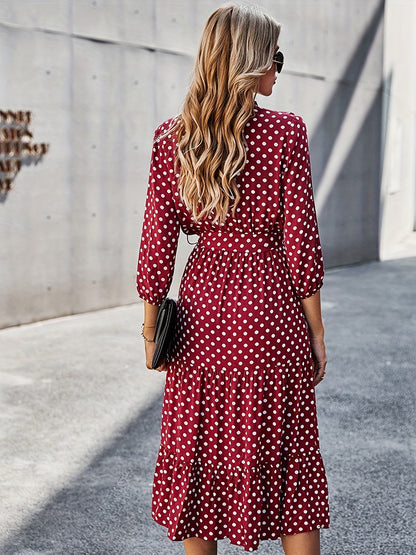 Sixsr Polka Dot Print 3/4 Sleeve Dress, Elegant Wrap Neck Midi Dress, Women's Clothing