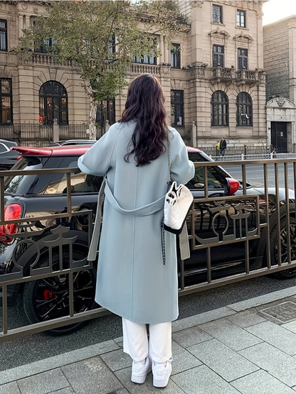 Sixsr Solid Double Breasted Lapel Overcoat, Elegant Long Sleeve Belted Winter Outwear, Women's Clothing