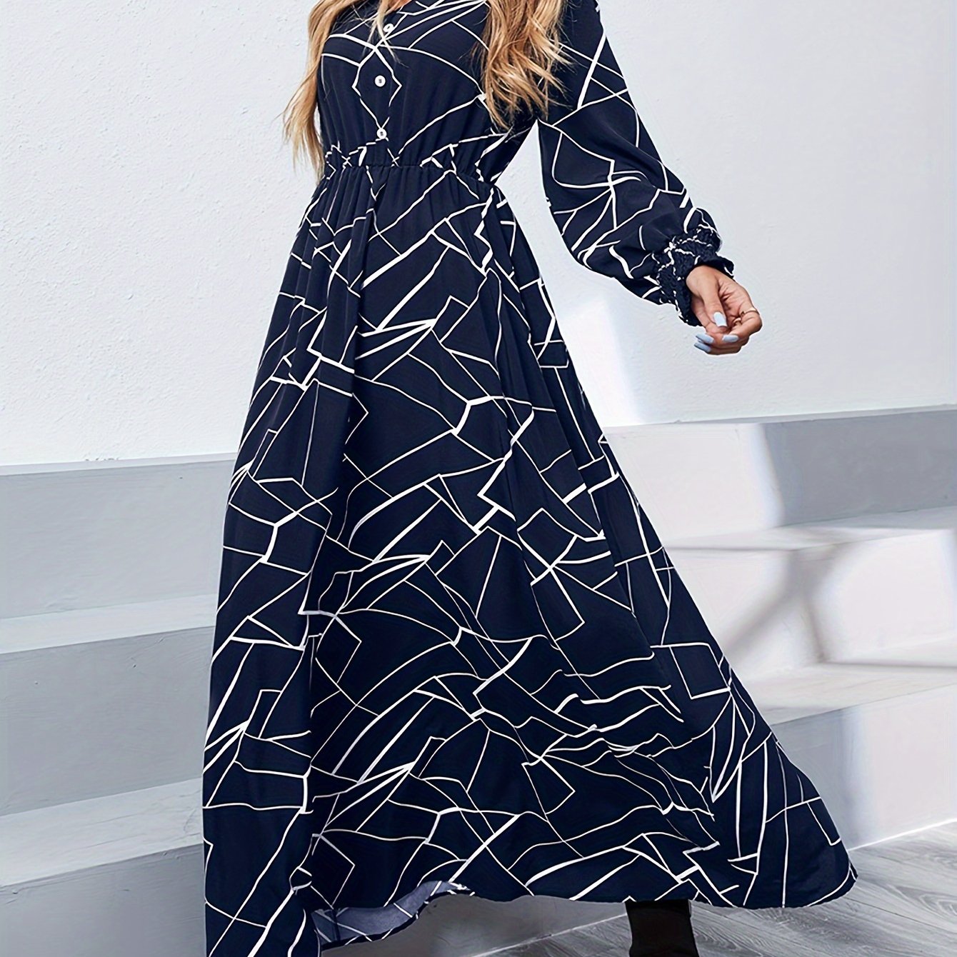 Sixsr Abstract Print Shirred V-neck Dress, Elegant Button Long Sleeve High-waist Dress For Every Day, Women's Clothing