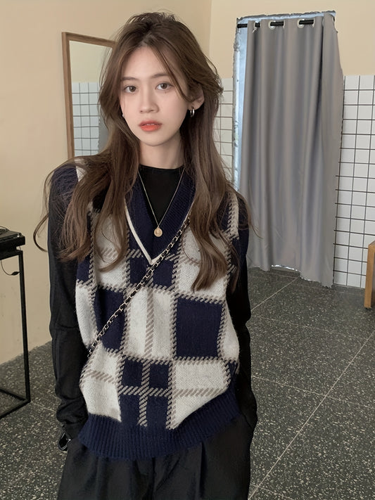 Sixsr Plaid V Neck Sweater Vest, Vintage Sleeveless Vest For Spring & Fall, Women's Clothing