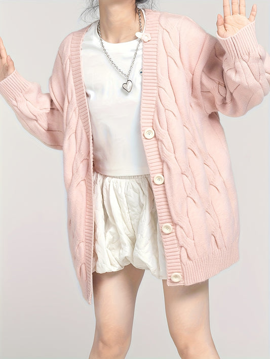 Sixsr Solid Button Front Cable Knit Cardigan, Cute Long Sleeve Drop Shoulder Outwear, Women's Clothing