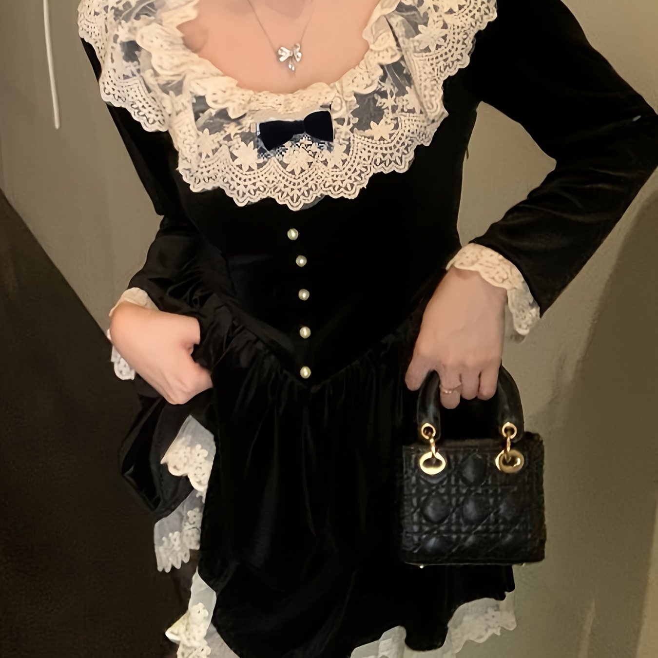 Sixsr Contrast Trim Lace Splicing Velvet Dress, Sweet Button Front Bow Decor Dress For Spring & Fall, Women's Clothing