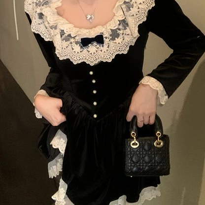 Sixsr Contrast Trim Lace Splicing Velvet Dress, Sweet Button Front Bow Decor Dress For Spring & Fall, Women's Clothing