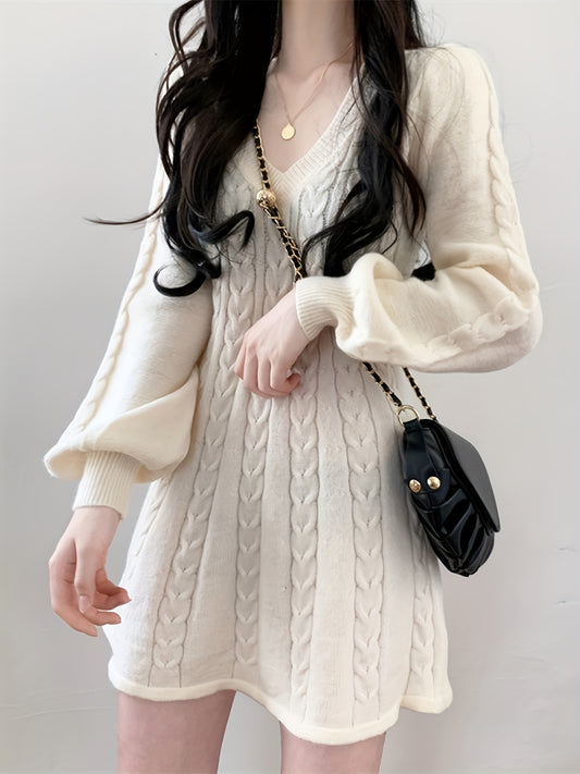 Sixsr Solid Cable Knit Dress, Elegant V Neck Lantern Long Sleeve Dress, Women's Clothing