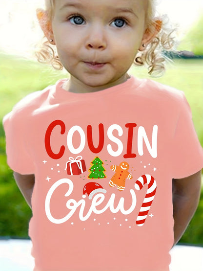 Cousin Crew Holiday Kids T-Shirt - PolyCotton Blend, Cute Crew Neck, Short Sleeve Knit Top for Summer, Christmas Tree & Candy Cane Alphabet Print, Regular Fit for Children Under 12