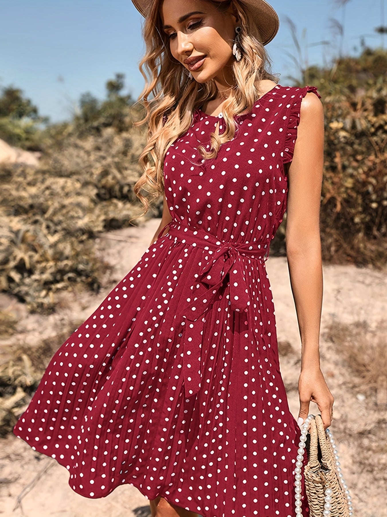 Sixsr Polka Dot Pleated Dress, Casual Keyhole Ruffle Trim Dress, Women's Clothing