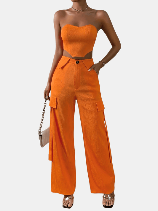 Sixsr Solid Sexy Two-piece Set, Off Shouldet Tie Back Tops & Wide Leg Pants Outfits, Women's Clothing