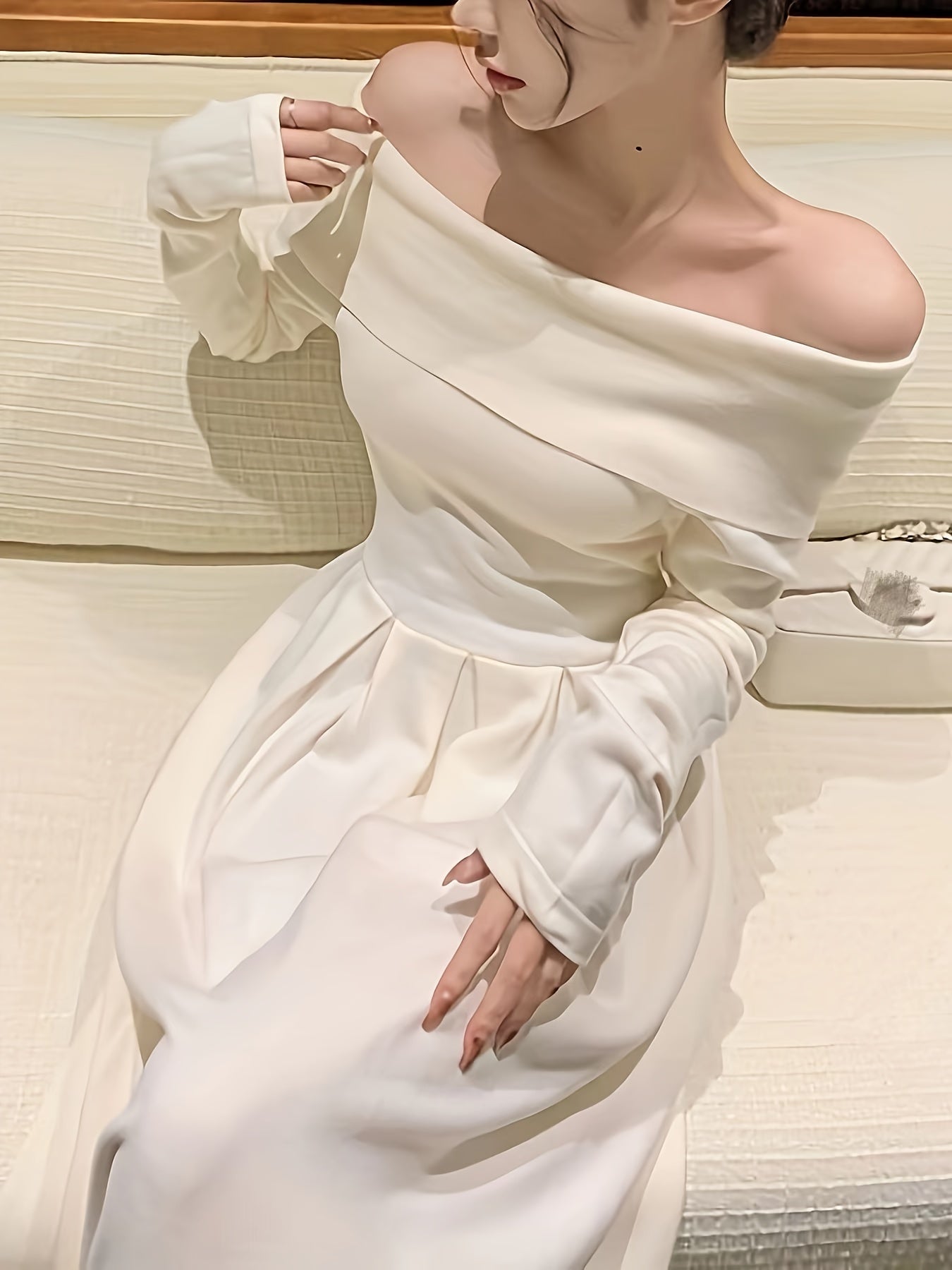 Sixsr Solid Off Shoulder Aline Dress, Elegant Ruffle Hem Long Sleeve Slim Dress For Spring & Fall, Women's Clothing