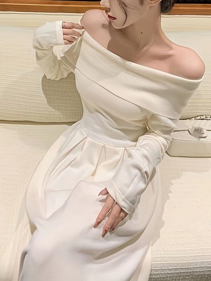 Sixsr Solid Off Shoulder Aline Dress, Elegant Ruffle Hem Long Sleeve Slim Dress For Spring & Fall, Women's Clothing