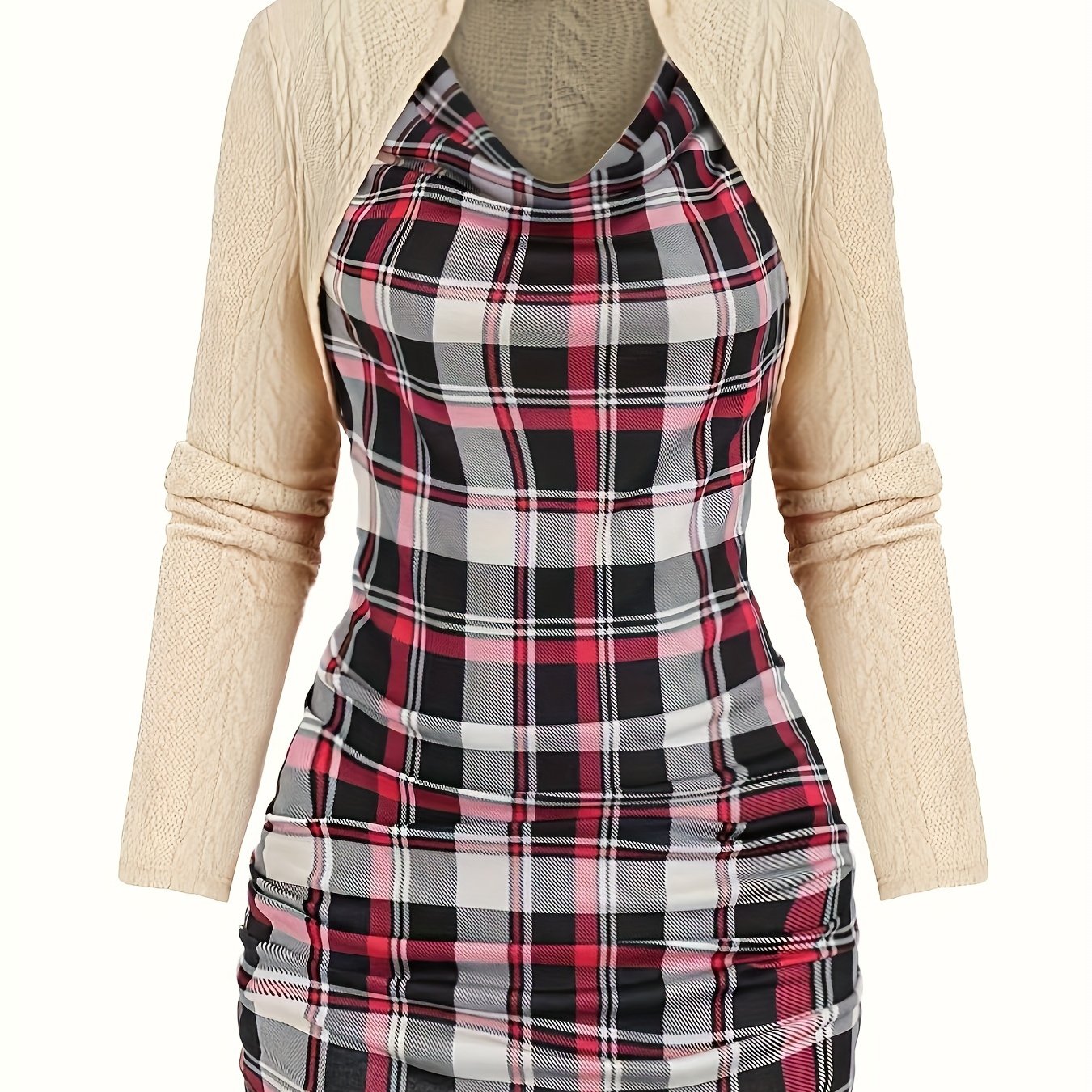 Sixsr Plaid Print Cowl Neck Pullover Sweater, Y2K Spliced Twist Long Sleeve Knitted Sweater For Every Day, Women's Clothing