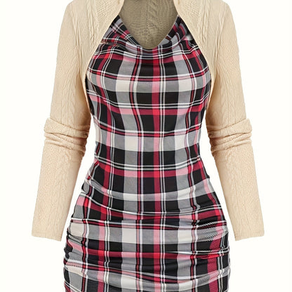 Sixsr Plaid Print Cowl Neck Pullover Sweater, Y2K Spliced Twist Long Sleeve Knitted Sweater For Every Day, Women's Clothing