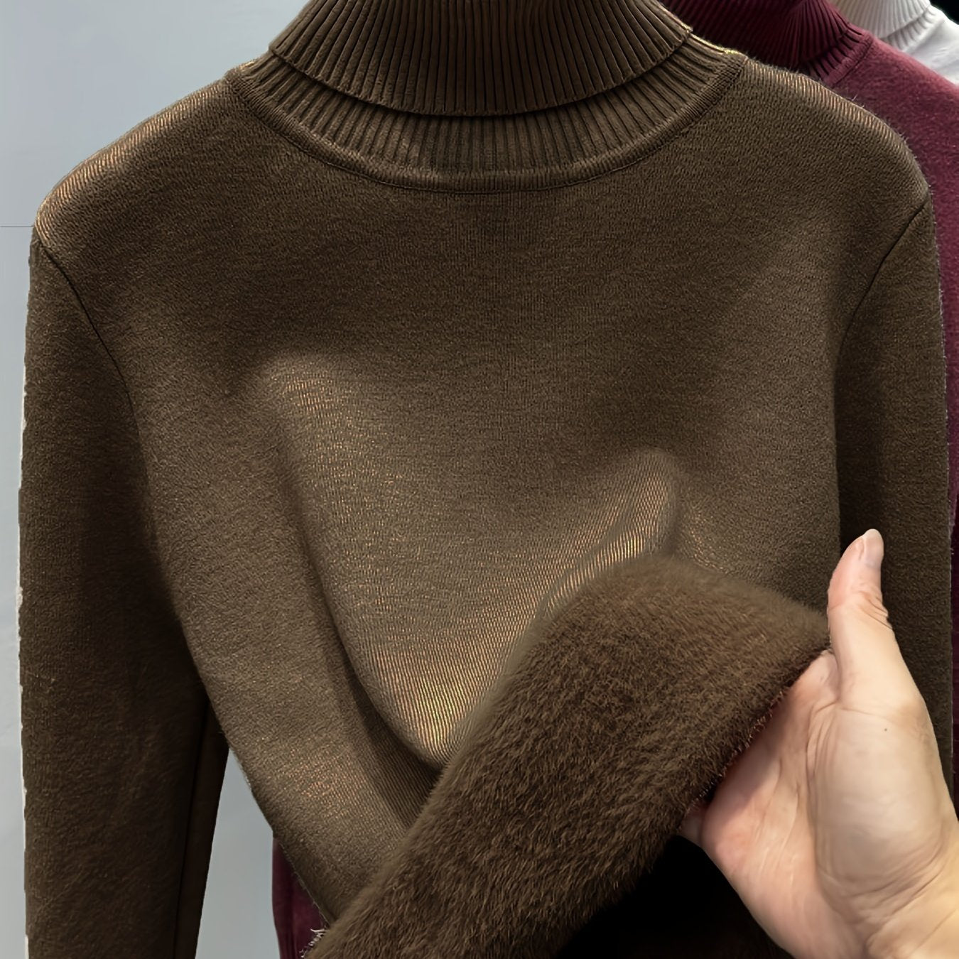 Sixsr Solid Turtle Neck Fleece Pullover Sweater, Elegant Long Sleeve Slim Thermal Sweater, Women's Clothing