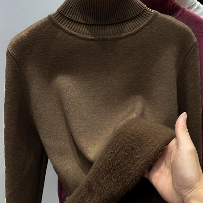 Sixsr Solid Turtle Neck Fleece Pullover Sweater, Elegant Long Sleeve Slim Thermal Sweater, Women's Clothing