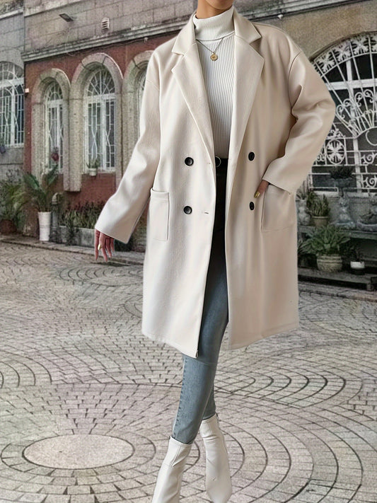 Sixsr Double Breasted Solid Overcoat, Elegant Lapel Long Sleeve Outerwear, Women's Clothing