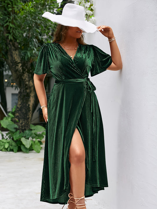 Sixsr Plus Size Velvet V Neck Short Sleeve High Split Maxi Dress, Women's Plus Medium Stretch Elegant Long Wrap Dress