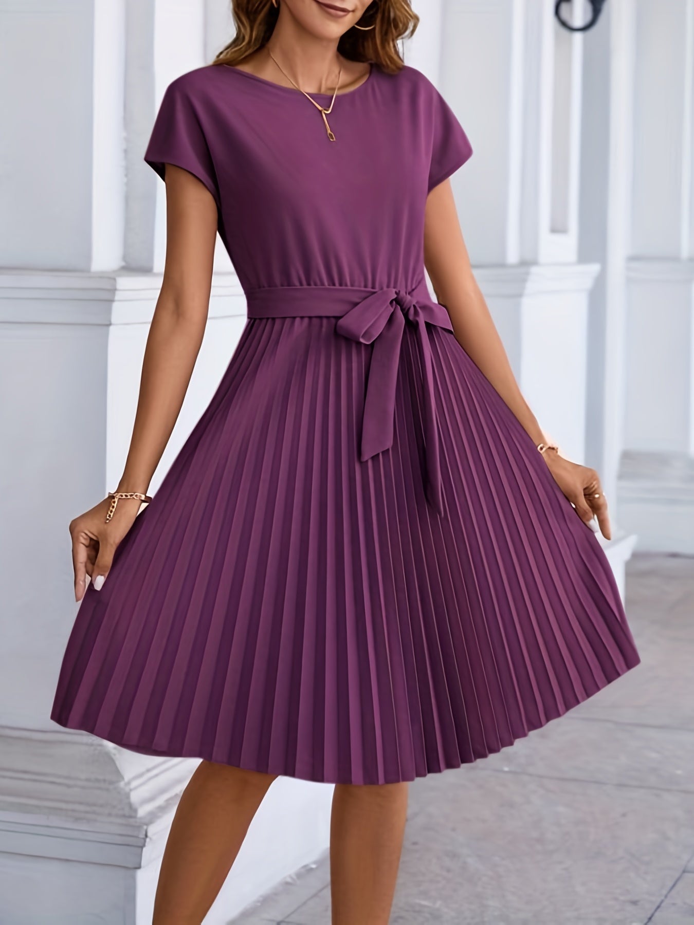 Pleated Tie Front Dress, Casual Short Sleeve Dress For Spring & Summer, Women's Clothing