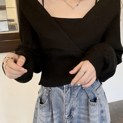 Sixsr Solid Color Faux Twinset Sweater, Chic Long Sleeve Crop Tied Sweater For Fall & Winter, Women's Clothing